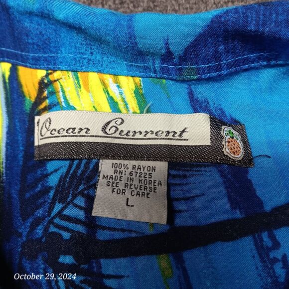 VTG Ocean Current Hawaiian‎ Shirt Men Large Blue Palm Tree Sun Set Print - Picture 2 of 5